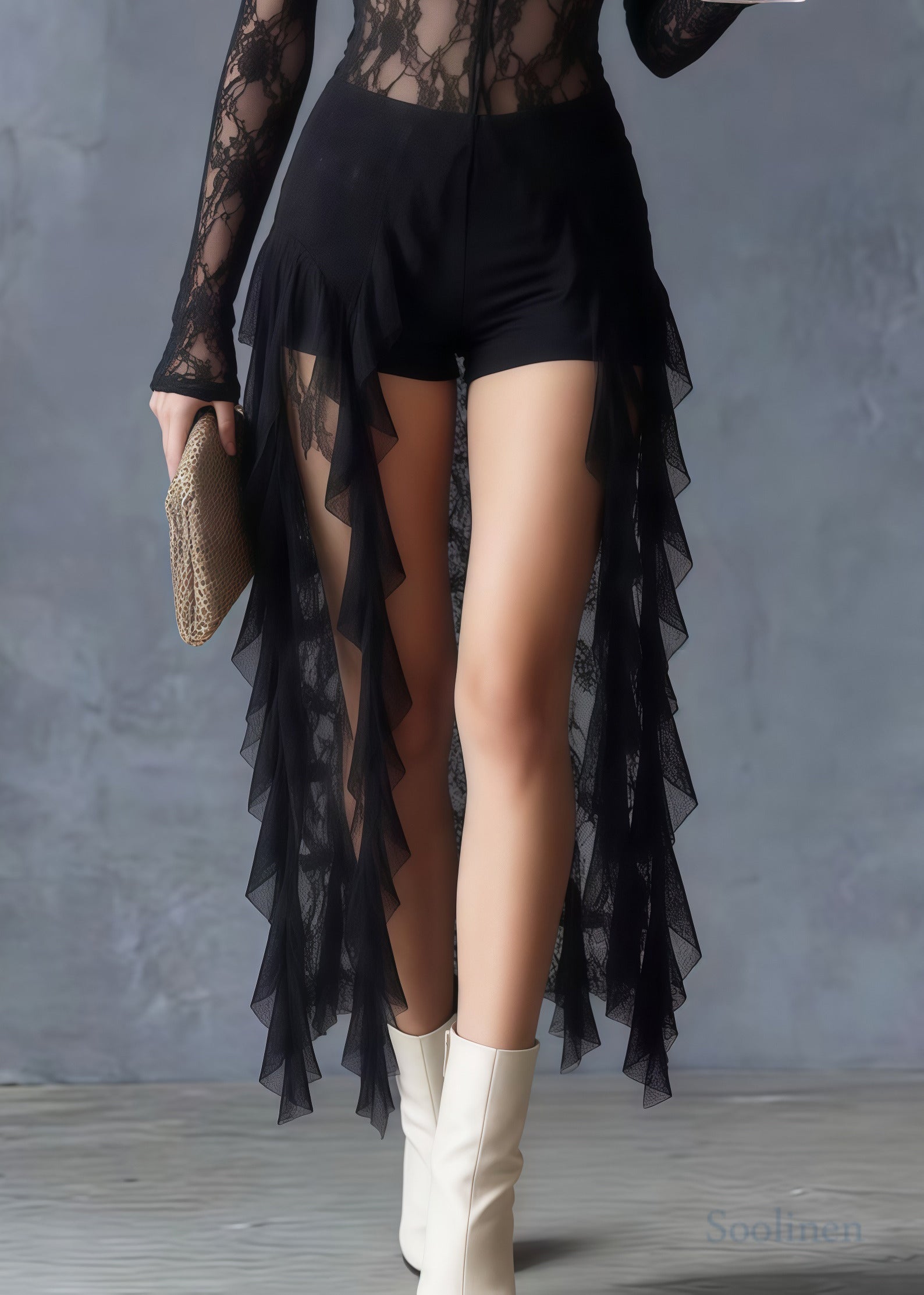 Boho Black Ruffled Sheer Lace Long Tops Summer