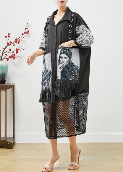 Black Sequins Patchwork Hollow Out Tasseled Maxi Dresses Fall