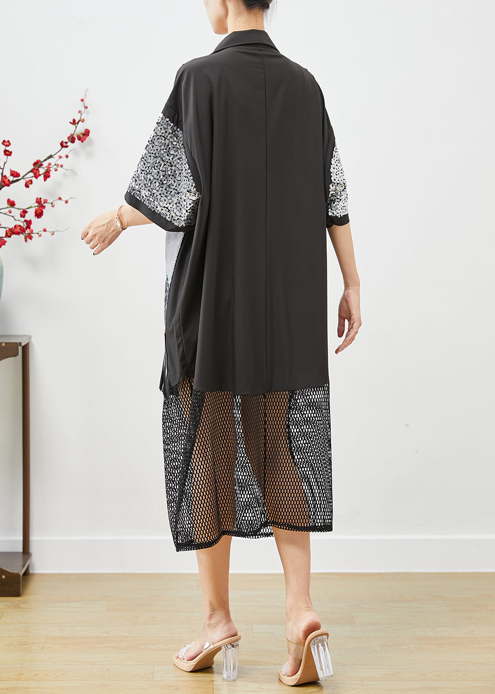 Black Sequins Patchwork Hollow Out Tasseled Maxi Dresses Fall