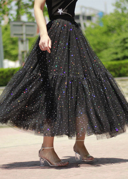 Black Sequins Patchwork Tulle Skirt Spring