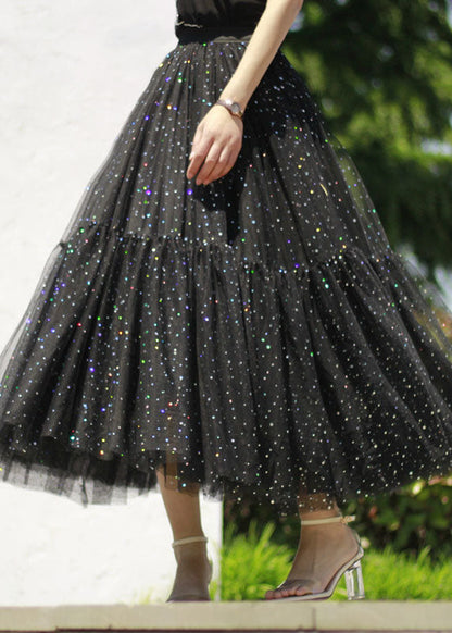 Black Sequins Patchwork Tulle Skirt Spring