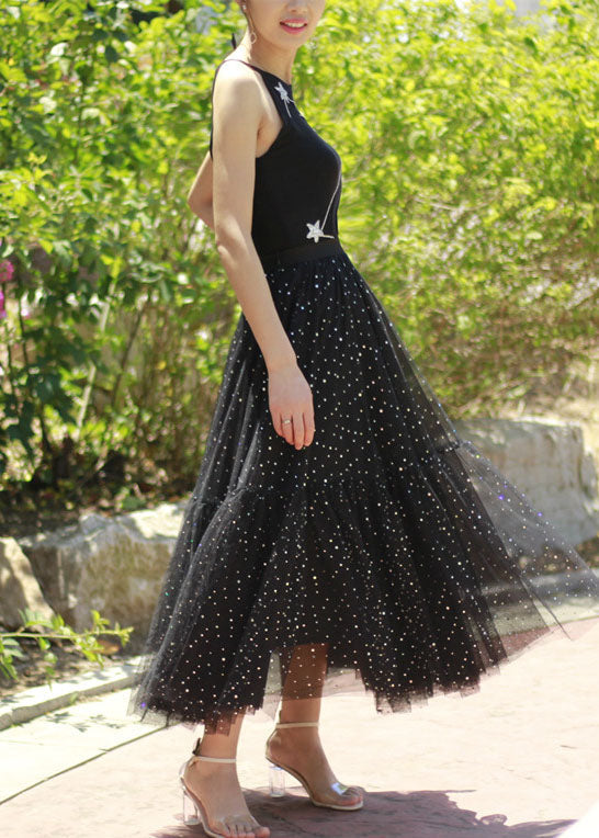 Black Sequins Patchwork Tulle Skirt Spring