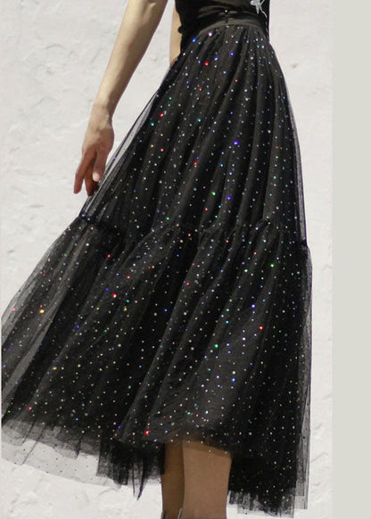 Black Sequins Patchwork Tulle Skirt Spring