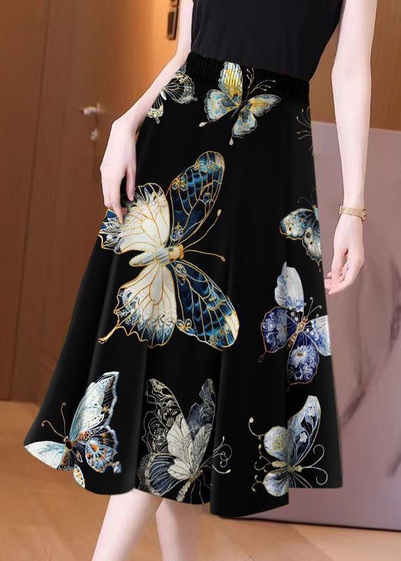 Black Small Butterfly High Waist Maxi Skirts Spring
