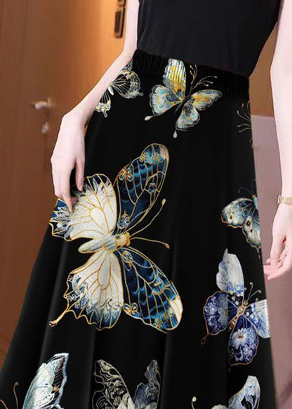 Black Small Butterfly High Waist Maxi Skirts Spring
