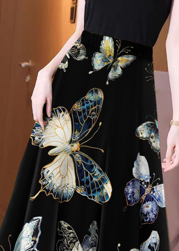 Black Small Butterfly High Waist Maxi Skirts Spring