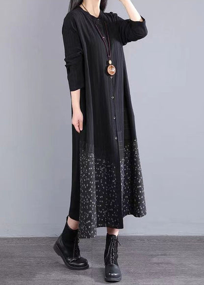 Black Stand Collar Button Patchwork Cotton Dress Fall