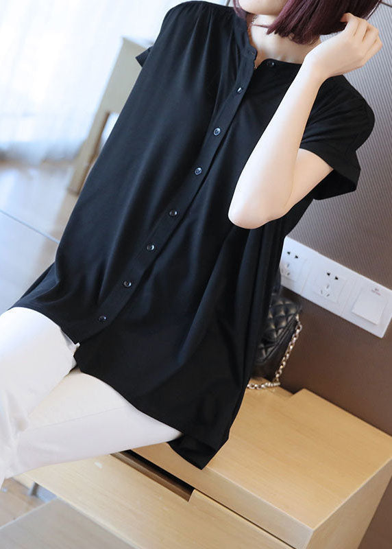 Black Stand Collar Oversized Button Cotton Shirt Short Sleeve