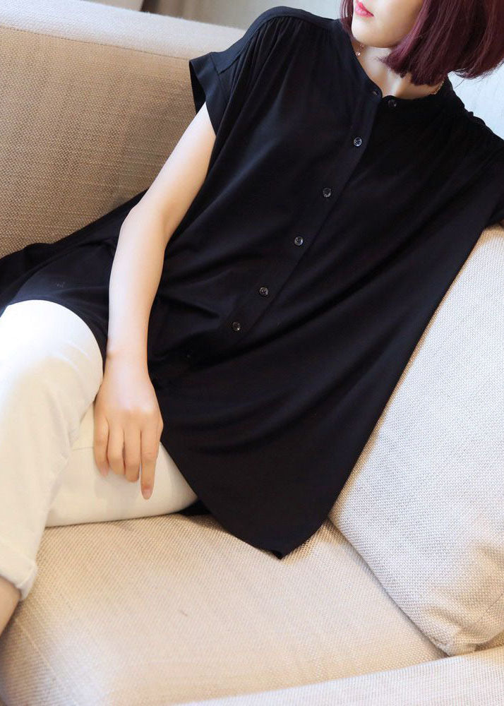 Black Stand Collar Oversized Button Cotton Shirt Short Sleeve