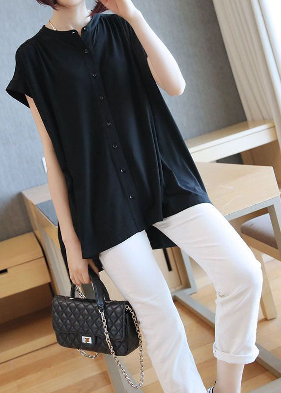 Black Stand Collar Oversized Button Cotton Shirt Short Sleeve