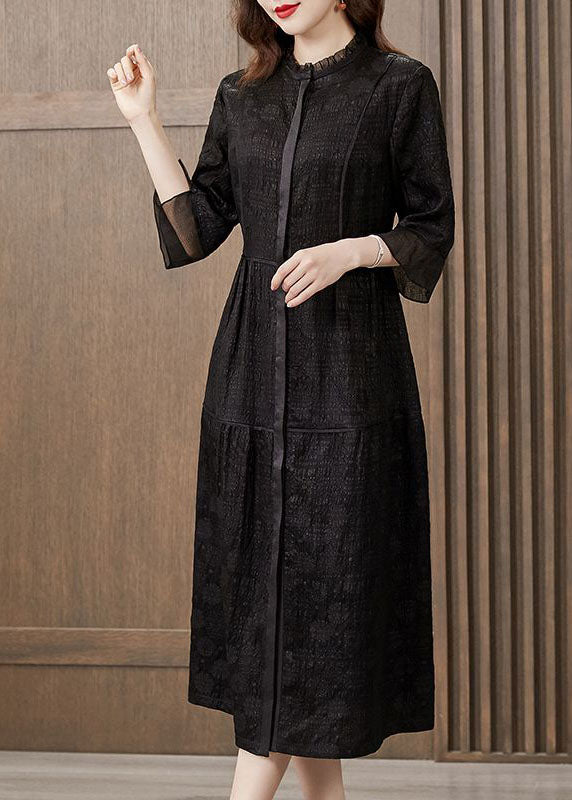 Black Stand Collar Patchwork Ruffled Silk Dress Summer