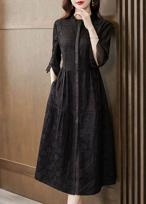 Black Stand Collar Patchwork Ruffled Silk Dress Summer