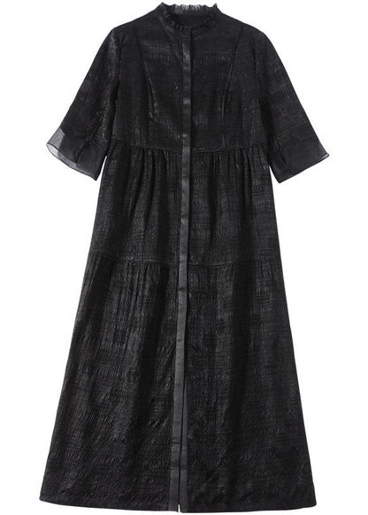 Black Stand Collar Patchwork Ruffled Silk Dress Summer