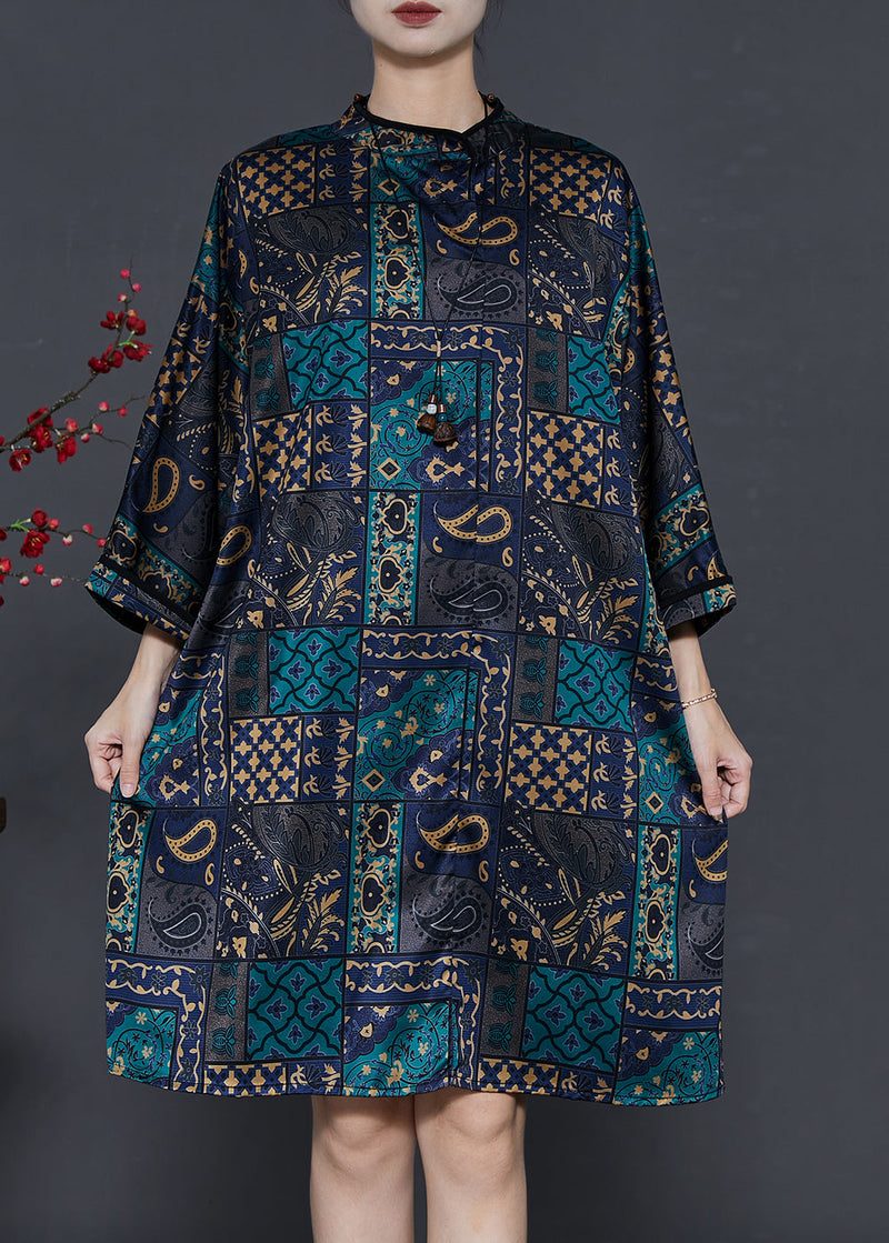 Black Stand Collar Print Silk Work Dress Fall