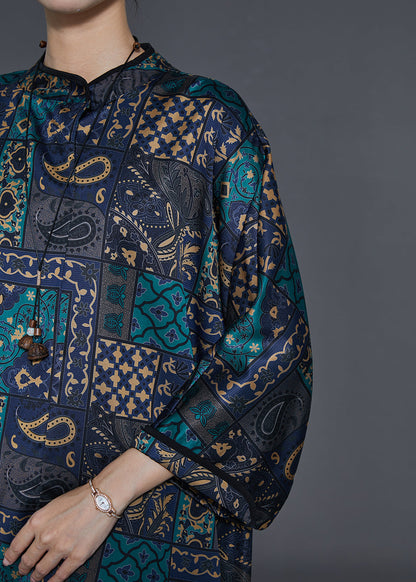 Black Stand Collar Print Silk Work Dress Fall