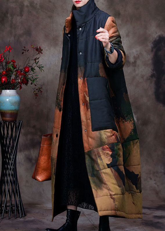 Black Stand Collar Print Woolen Parka Winter