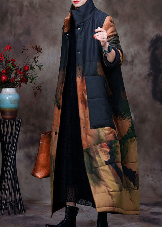 Black Stand Collar Print Woolen Parka Winter
