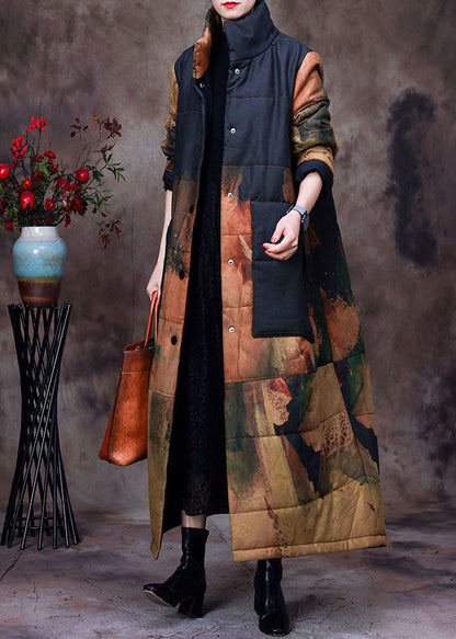 Black Stand Collar Print Woolen Parka Winter