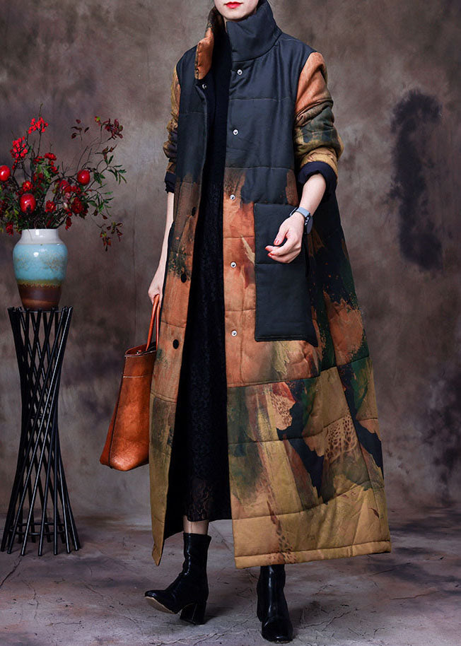 Black Stand Collar Print Woolen Parka Winter