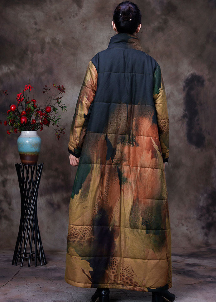 Black Stand Collar Print Woolen Parka Winter