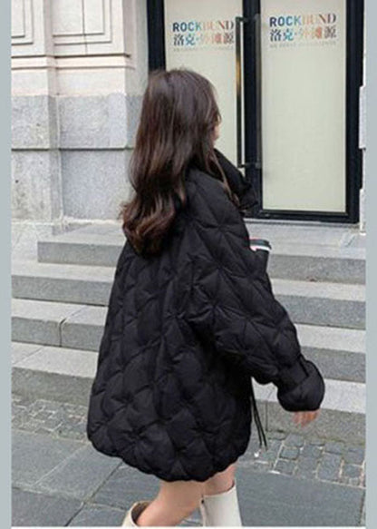Black Stand Collar Zip Up Embroideried Duck Down Jackets Winter