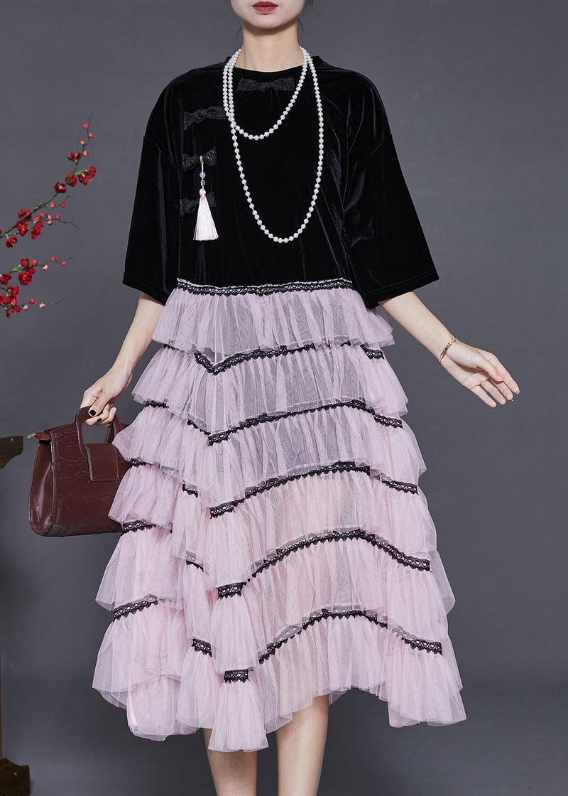 Black Tasseled Patchwork Chinese Button Tulle Dress Summer