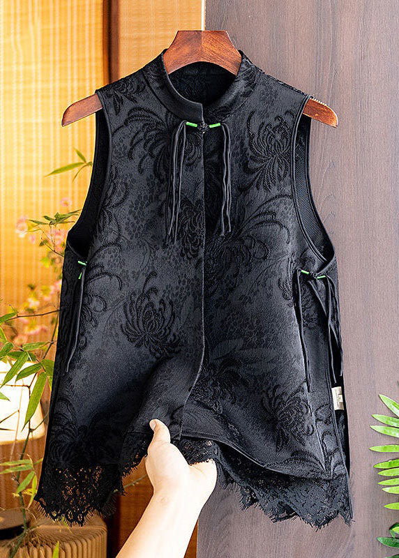 Black Tasseled Patchwork Lace Side Open Silk Vest Sleeveless