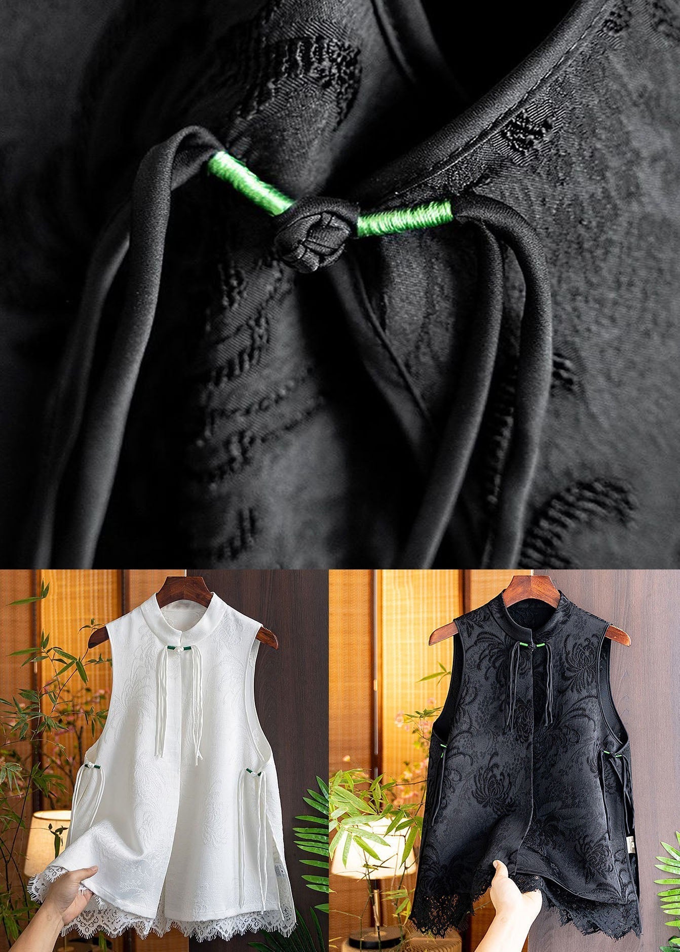 Black Tasseled Patchwork Lace Side Open Silk Vest Sleeveless