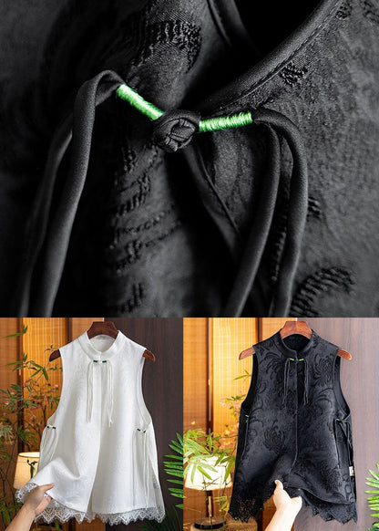 Black Tasseled Patchwork Lace Side Open Silk Vest Sleeveless
