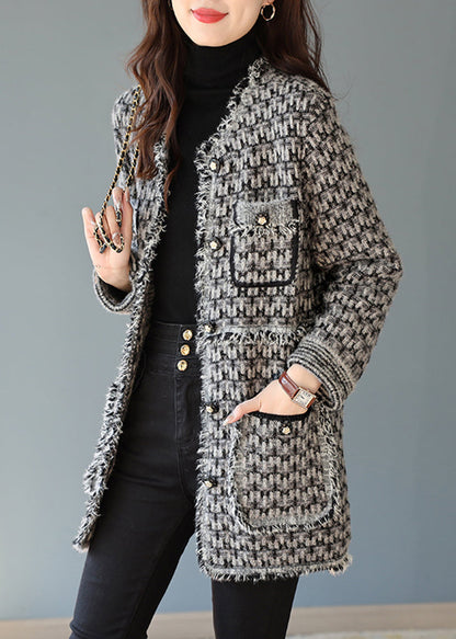 Black Tasseled Plaid Cotton Coats Spring
