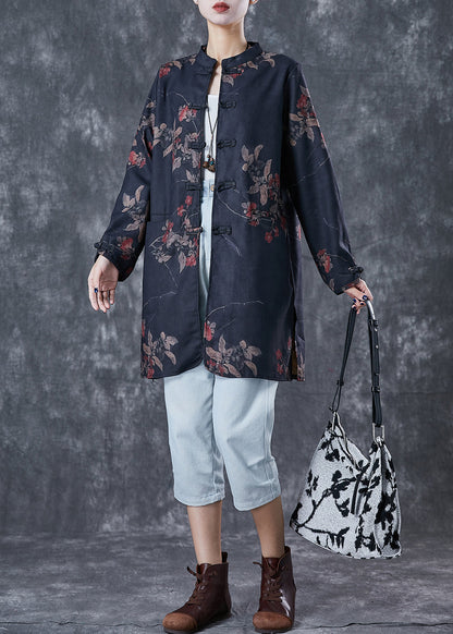 Boho Black Tie Dye Chinese Button Linen Blouses Fall