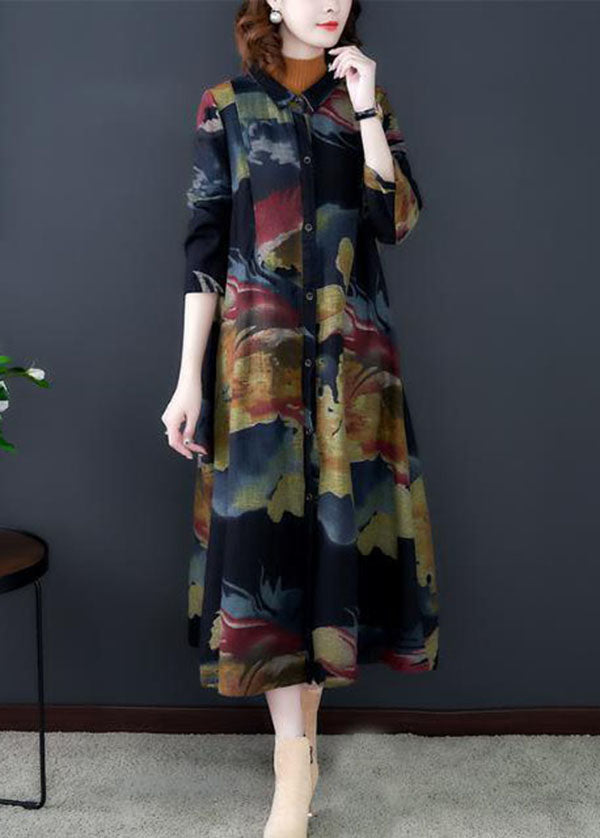 Black Turn-down Collar Print Cotton Long Trench Coats Long Sleeve