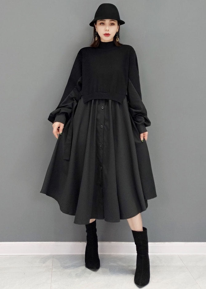 Black Turtle Neck Patchwork Cotton Vacation Dresses Long Sleeve
