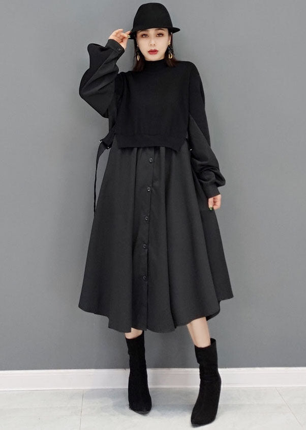 Black Turtle Neck Patchwork Cotton Vacation Dresses Long Sleeve