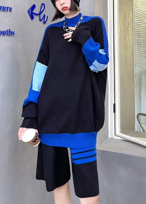 Black Turtleneck Jacquard Fall Long Sleeve Two Pieces Set