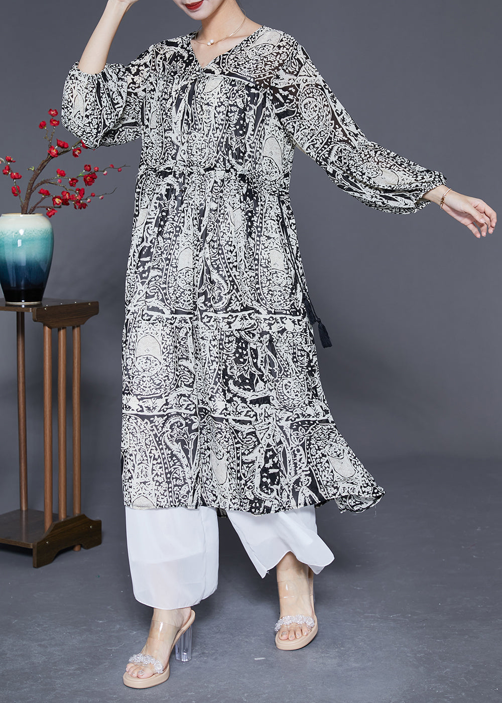 Black V Neck Cinched Print Chiffon Long Dress Spring