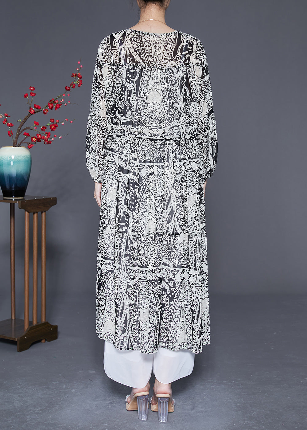 Black V Neck Cinched Print Chiffon Long Dress Spring