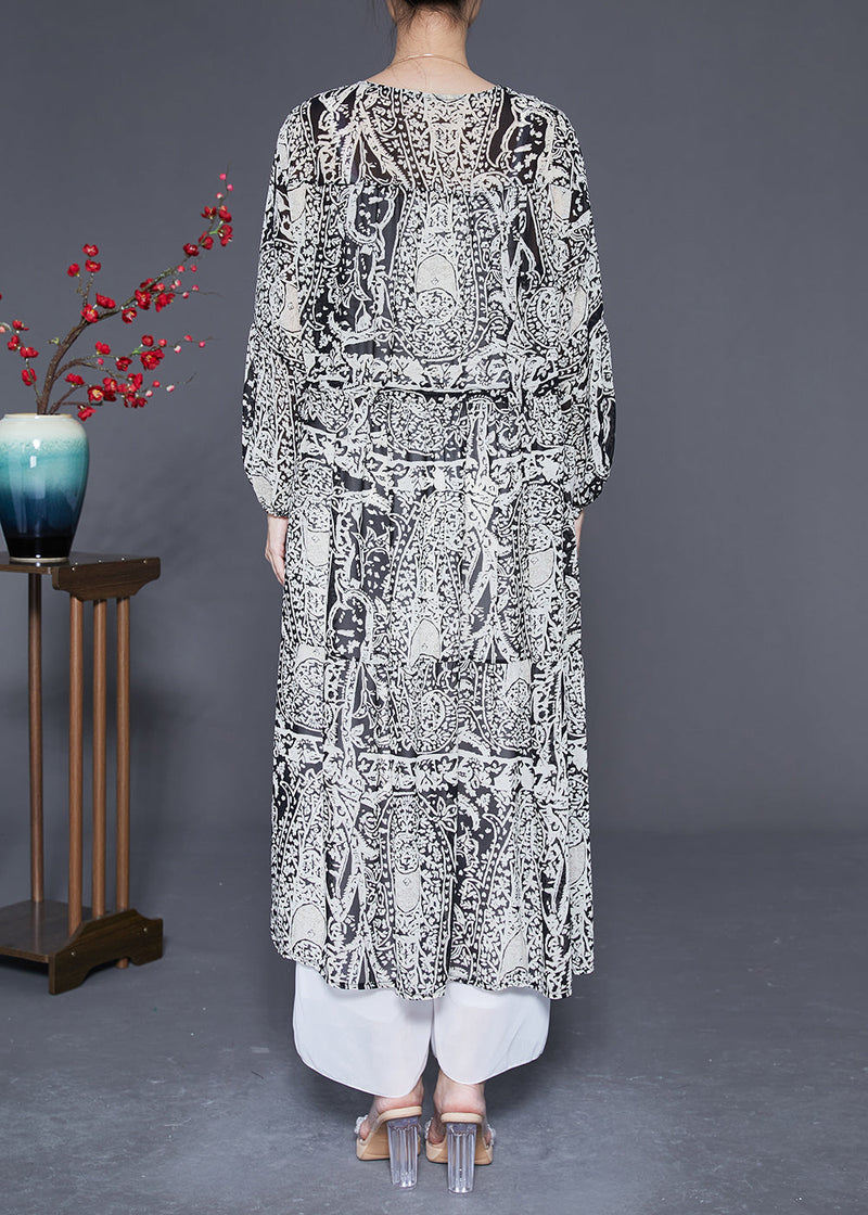 Black V Neck Cinched Print Chiffon Long Dress Spring