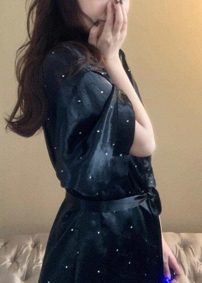 Black V Neck Dot Tie Waist Ice Silk Mid Dress Long Sleeve