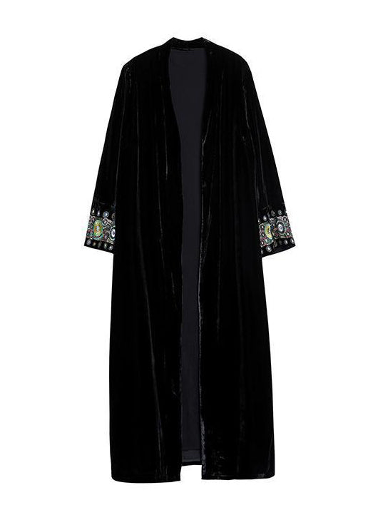 Black V Neck Embroideried Patchwork Velour Cardigan Fall