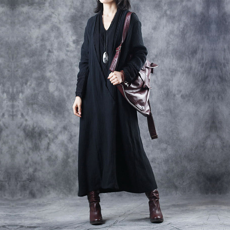 Black V Neck Patchwork Pockets Fall Dresses Long Sleeve