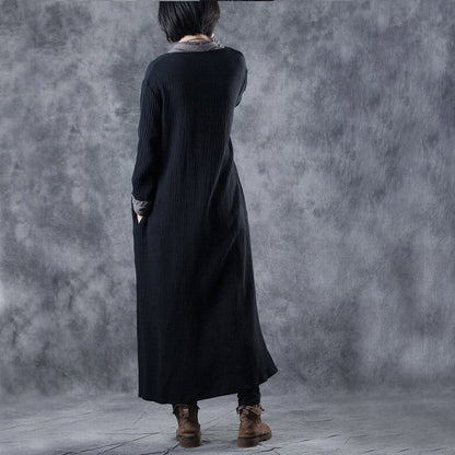 Black V Neck Patchwork Pockets Fall Dresses Long Sleeve