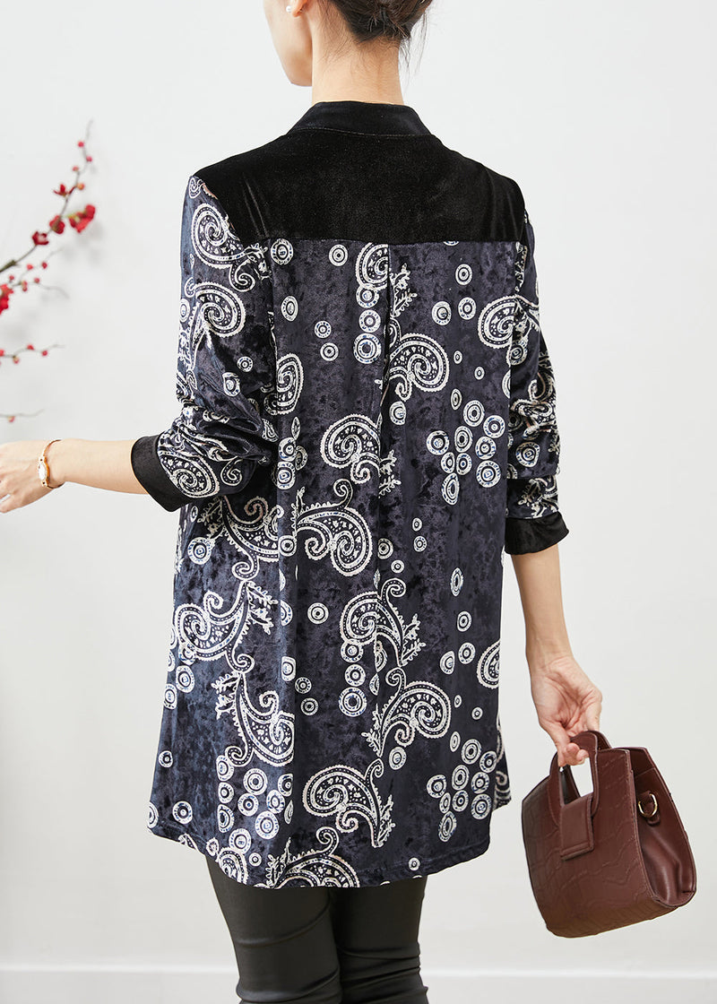 Black V Neck Patchwork Print Silk Velour Long Shirt Fall