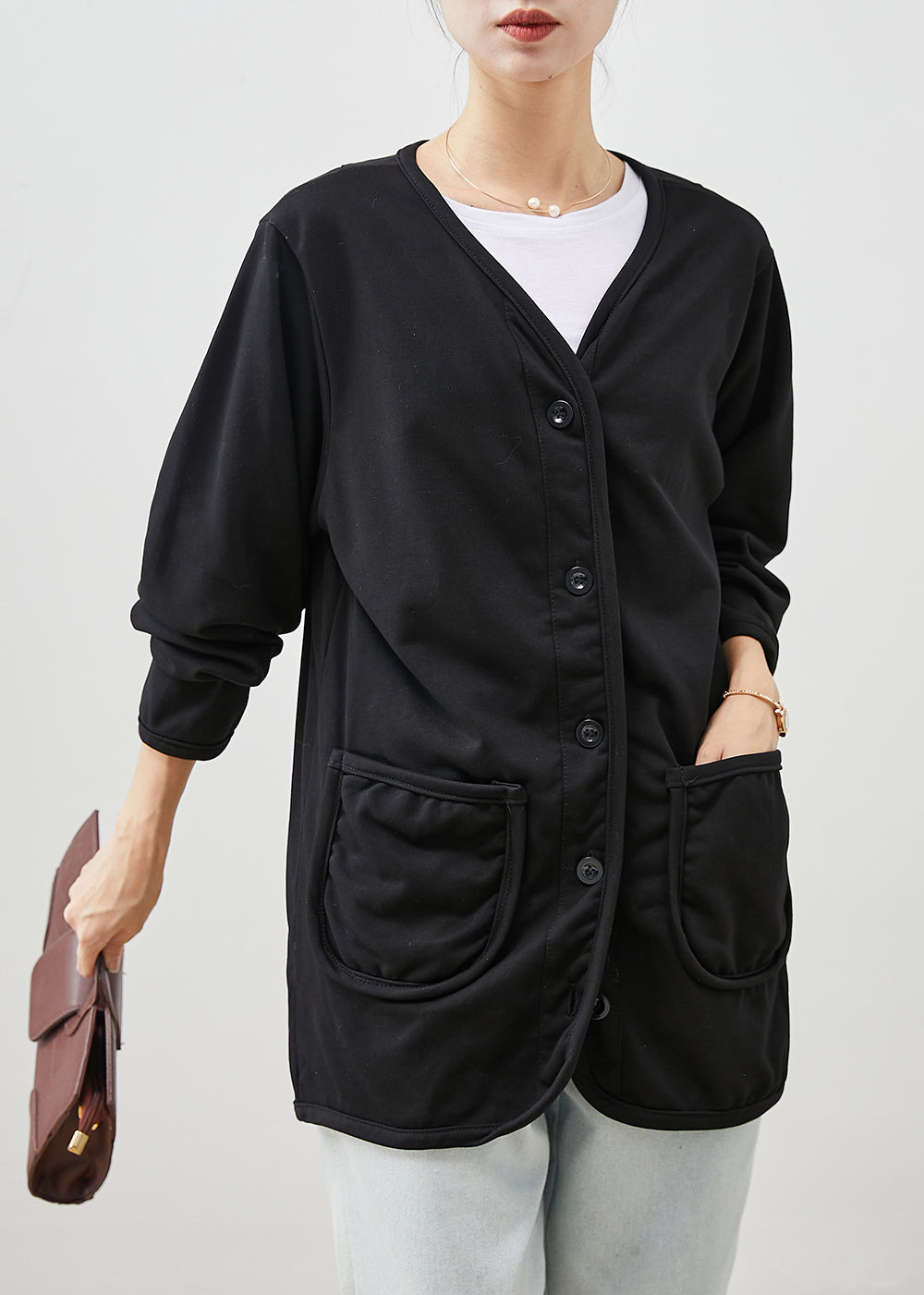 Black V Neck Pockets Cotton Coats Spring