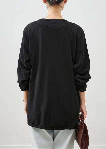 Black V Neck Pockets Cotton Coats Spring