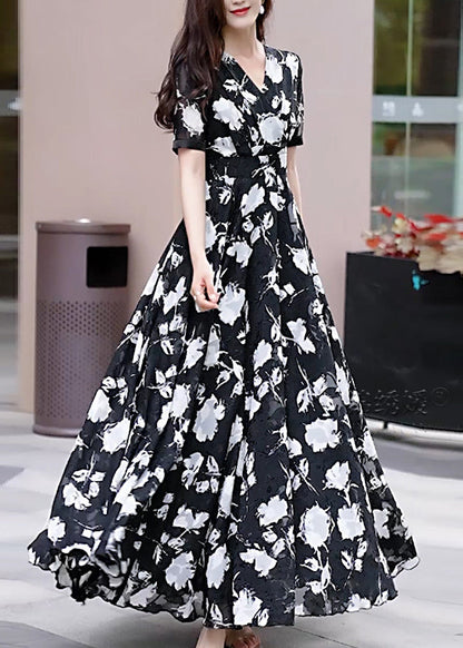Black V Neck Print Chiffon Long Dress Summer