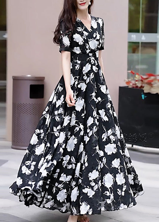 Black V Neck Print Chiffon Long Dress Summer