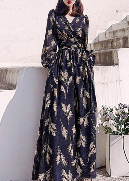 Black V Neck Print Slim Long Dress Long Sleeve