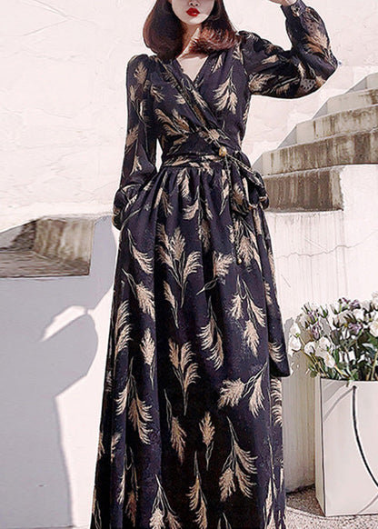 Black V Neck Print Slim Long Dress Long Sleeve