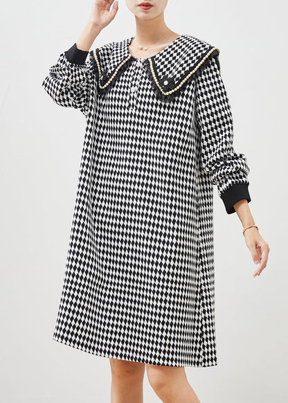 Black White Plaid Sailor Collar Cotton Dress Spring